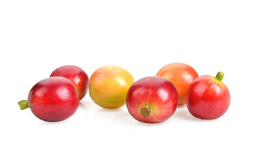 Fresh Red coffee beans, ripe and unripe berries isolated on white background