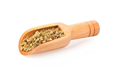 Dried oregano spice or marjoram leaves in wooden scoop on white background.