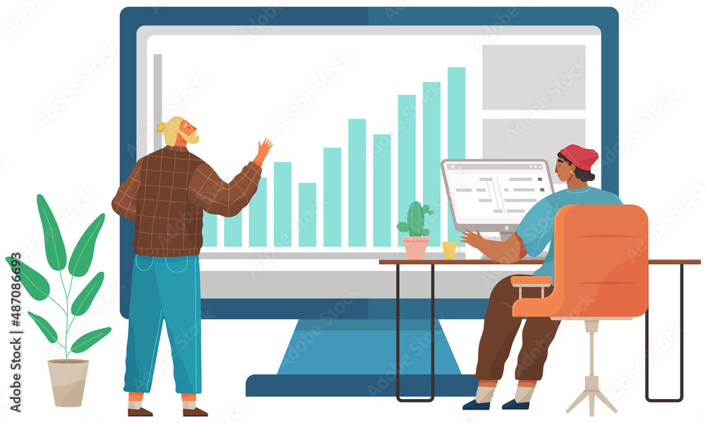 Poster project management and financial report strategy. data analysis team. office workers managers and pr