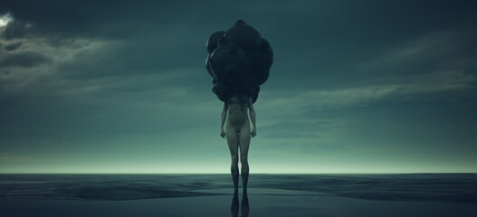 Alien Mind Control Body Snatcher Eyes Outer Space Woman Dusk Post Apocalyptic Paranormal Monster Muddy Beach Wasteland 3d illustration render © paul