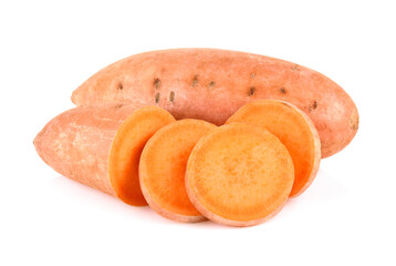Sweet potato with slices isolated on white background