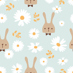 Seamless pattern with rabbit cartoon, daisy flower, and branches on green background vector.
