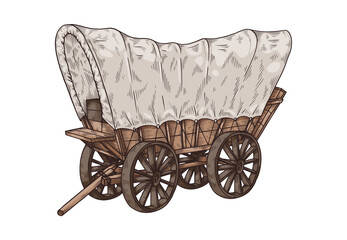 Vintage wooden wagon or carriage in western sketch style, vector illustration isolated on white background. - obrazy, fototapety, plakaty