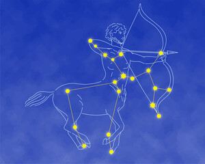 いて座の線画と星の配置、明るい夜空