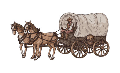 Old horse carriage or wagon with coachman, sketch vector illustration isolated. - obrazy, fototapety, plakaty