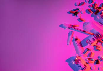 Medication background. Covid-19 drug. Pharmaceutical chemistry. Neon light vaccine injection dose bottle syringe pills composition on bright pink purple color gradient copy space.