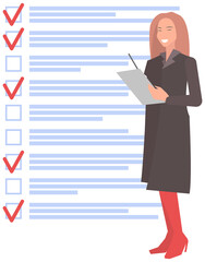 Month scheduling, to do list, time management concept. Woman stands near to do plan and planning schedule. Plan fulfilled, task completed, timetable sheet. Lady works with check list planning