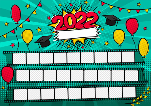 Photo frame for class of 2022 in pop art style. A photo album for a graduating class or community. Vector Template for the design of frames for Kindergarten, photographs, posters, cards.