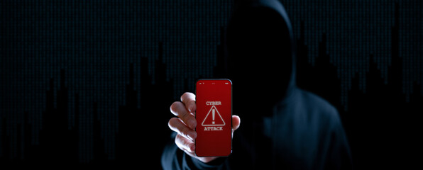 Cyber security hacker smartphone. Internet web hack technology. Digital mobile phone in hacker man...