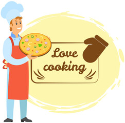 Kitchen emblem, food studio label. Chef conducts culinary class about cooking. Hand drawn lettering for premium cooking masterclass. Man preparing dish, working with kitchen equipment, pizza