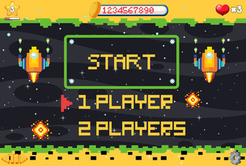Pixel space game interface with start button