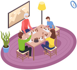 Happy children playing board game with grandparents on table, have fun at home. Family entertainment. People sit together at table in living room and play lotto. Parents and kids in everyday life