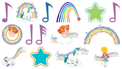 Set of fantasy fairies and cupids with rainbow elements