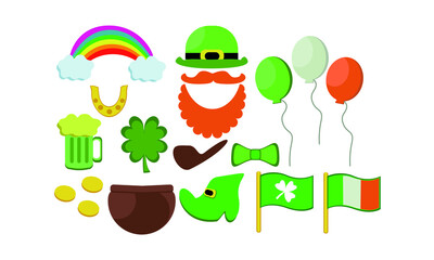 Set of icons for St. Patrick's Day. Flat cartoon style design element, vector illustration  element of the design of an advertising banner for party, sales, photo booth props: pot, coins, rainbow, 