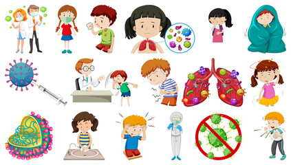 Set of sick people with different symptoms