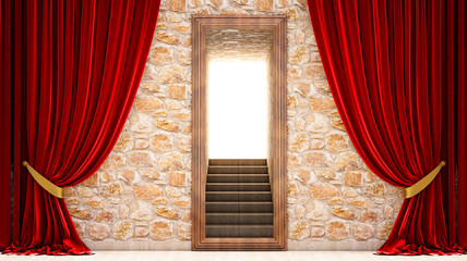 3d render of wooden door with red curtains and Concrete Stairs, Success hope ambition and dream concept.