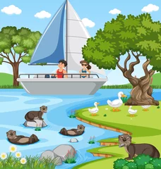 River forest scene with traveller on a sailboat © blueringmedia