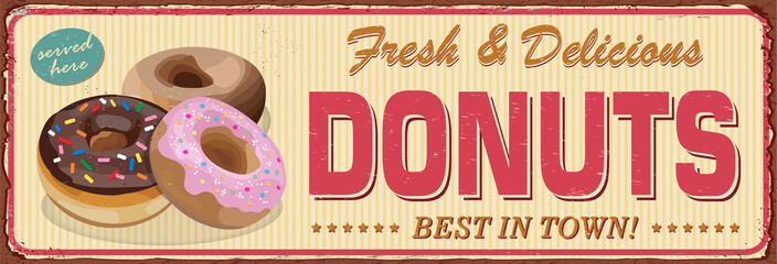 Vintage Donuts metal sign.Retro poster 1950s style.