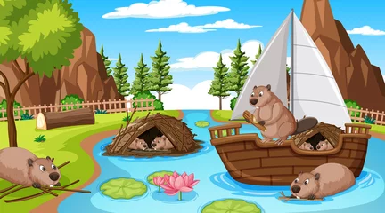 River forest scene with otters and sailboat © blueringmedia
