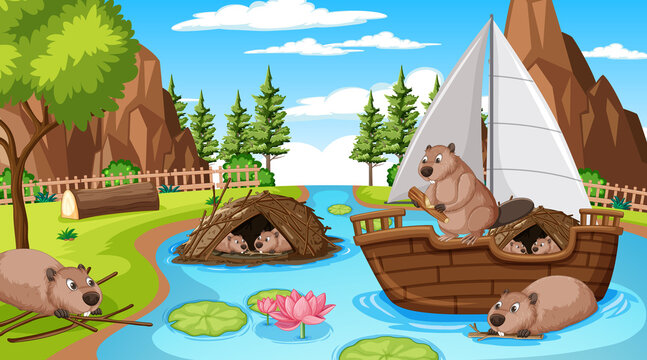 River forest scene with otters and sailboat