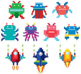 Set of pixel game monster characters isolated