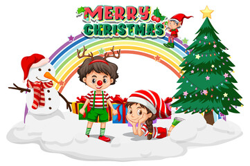 Children in Christmas costumes with Merry Christmas banner