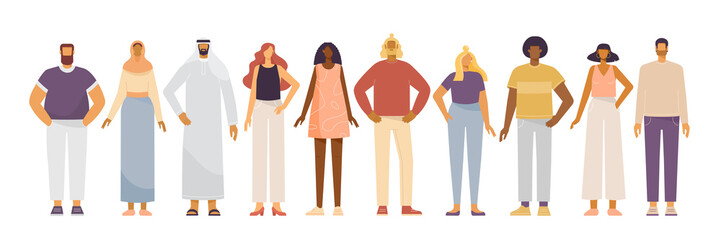 Collection of cartoon characters. Young men in casual clothes. Multinational group of people: Afro American, Arab, European. Vector illustration in flat design, isolated on white background. 