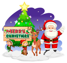 Christmas day with Santa Claus with elves and a reindeer