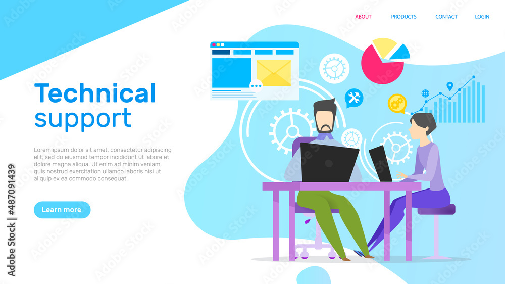 Aufkleber technical support people working with customer base. online communication clients, assistance with c