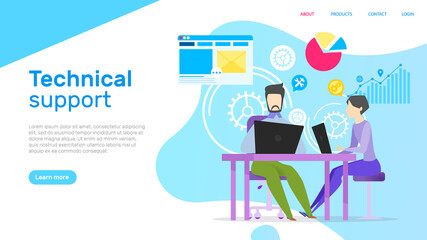 Technical support people working with customer base. Online communication clients, assistance with charts diagrams statistics, brainstorming workers. Website or webpage template landing page in flat