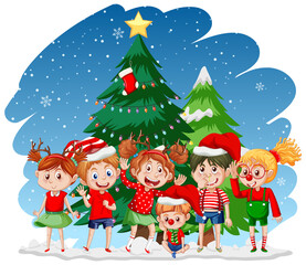 Obraz na płótnie Canvas Christmas day with happy children and Christmas tree