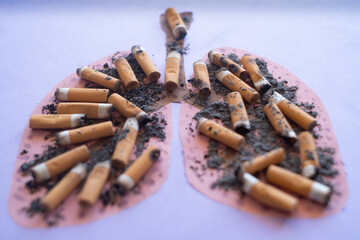 Lungs image with butts cigarettes and Ash from cigarette or cigar smoke. Copy space