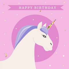 White unicorn birthday card with horn on a pink background
