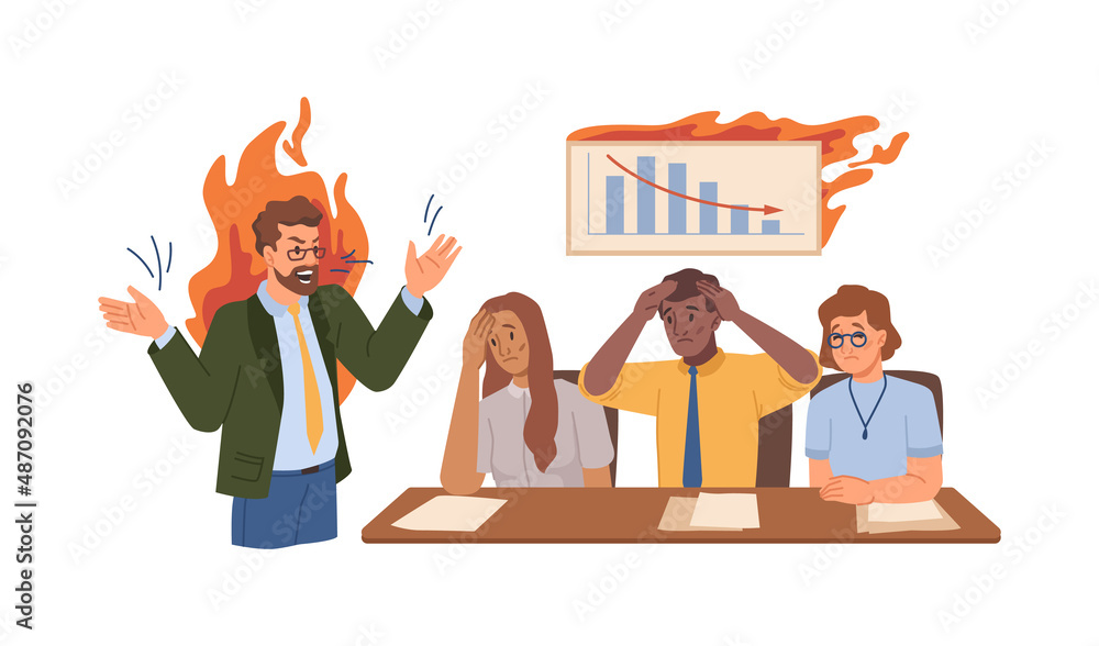 Poster conflict and troubles at work, boss yelling employees for bad results in business. vector workers lo