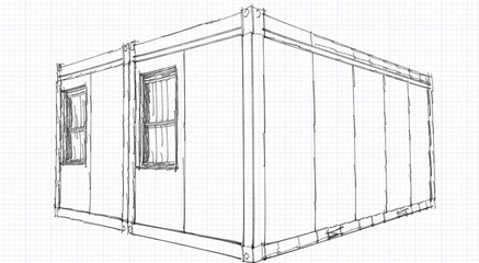 3d illustration of a container building house in hand sketch style. Eye level perspective looking from right corner. New trend in construction: Steel container house.