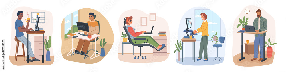 Poster comfortable office, home workspace with adjustable tables and desks. vector people working on comput