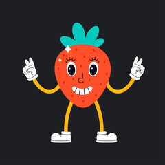 Cute cartoon strawberry character in retro style. Hippie, psychedelic, retro and vintage style. Vector illustration
