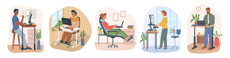 Fototapeta na wymiar Comfortable office, home workspace with adjustable tables and desks. Vector people working on computer and laptop, sitting in chair and standing. Spine health of employees. Flat cartoon characters set