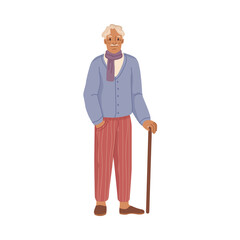 Obraz premium Stylish elder male personage with walking stick wearing modern clothes. Vector pensioner with scarf and comfortable pants isolated fashionable grandfather hipster senior man. Flat cartoon character