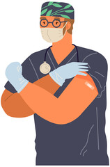 Doctor man wearing protective mask showing his arm with bandage after receiving covid-19 vaccine. Concept of vaccination, health, immunization, healthcare, call of fight against coronavirus