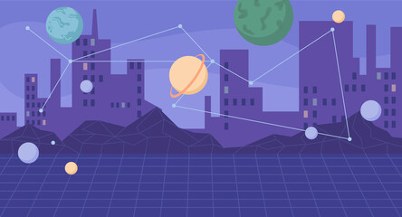 Futuristic city, metaverse town with skyscrapers, planets and celestial bodies. Vector augmented and virtual reality, cyberspace and future networks simulations. Flat cartoon style, illustration