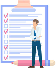 Month scheduling, to do list, time management. Businessman stands near checklist and planning. Plan fulfilled, task completed, timetable on paper sheet. Check list plan, schedule creation concept