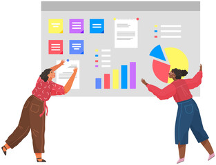 Financial analysts at work cartoon vector concept with business team work together at office with data and indicators, make sales plan, develop strategy. Analyzing infographics with growth indicators