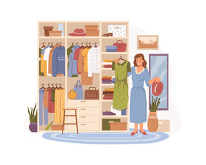Shopping female personage choosing dress. Vector woman in cloakroom or wardrobe organizing space for clothing. Shelves with apparel and outfit, accessories and hats, purses flat cartoon character
