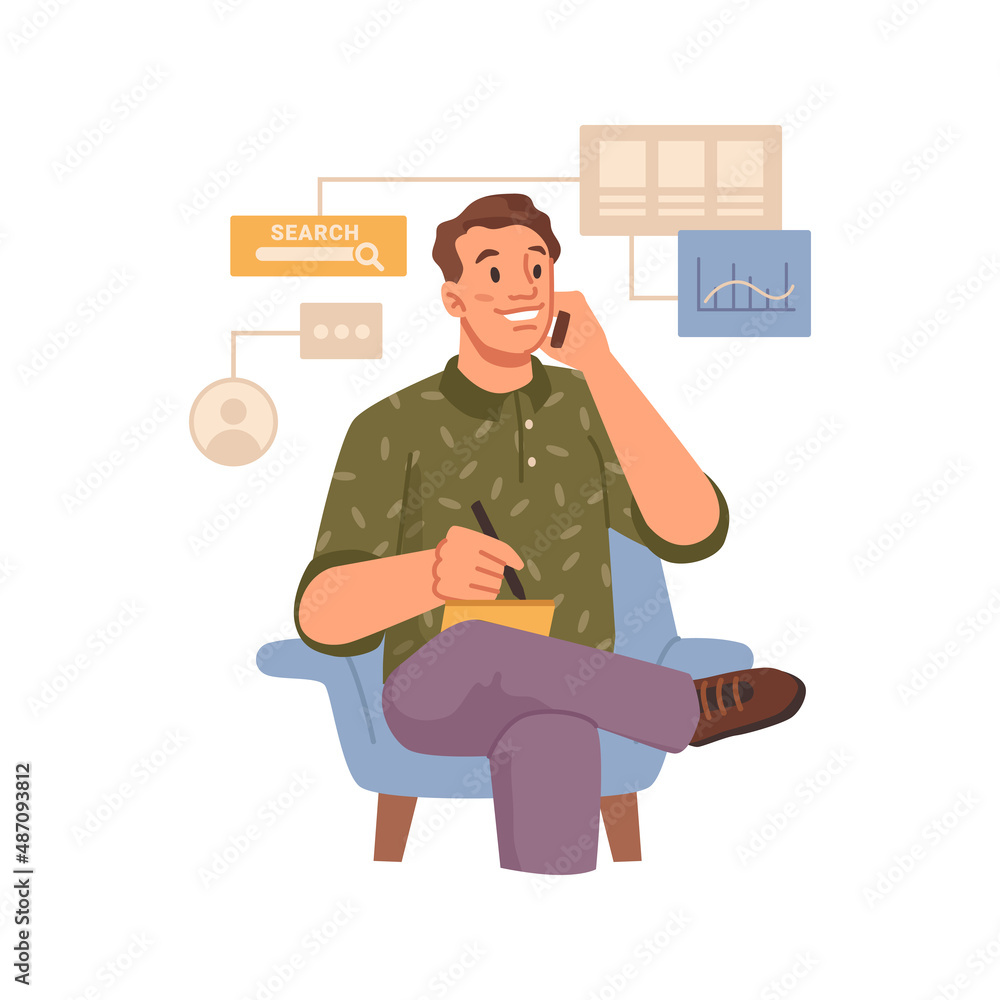 Poster customer support, helpdesk or hotline operator. vector business call, manager giving tasks and analy