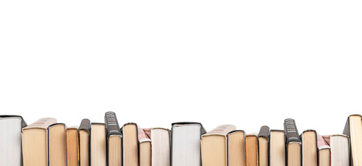 Banner with hardcover books row isolated on white background. Education concept. Copyspace. Books...