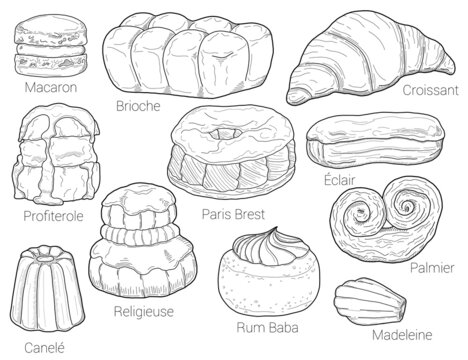 French Pastry Pattiserie Types Collection Black and White Hand Drawn Illustration Bakery Set