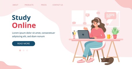 Study online landing page template, woman studying from home, online student. Cute vector illustration in flat style