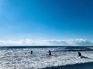 The unrecognisable surfers on the beach. People catching waves in sea. Surfing action water board sport. Extreme sport. Healthy active lifestyle concept.