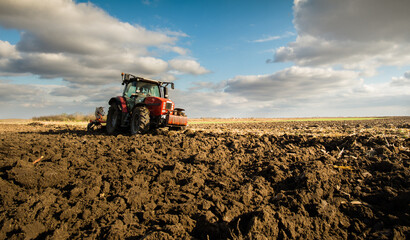 Fototapeta premium Tractor on the field during sunset.